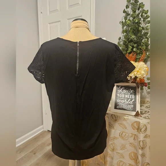 Market & Spruce Blouse Women's Large Lace Lined Short Sleeve Pullover Black Top - Picture 3 of 11